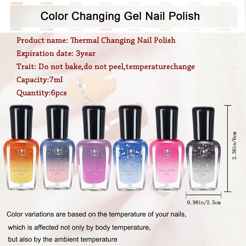 Rowcay 6 Pcs Color Changing Nail Polish Set, Classic Colors Quick Dry Nail Polish Kit 0.24 oz Finger Nail Color Pack Glossy Toenail Polish, Temperature Polish for Women and Girls