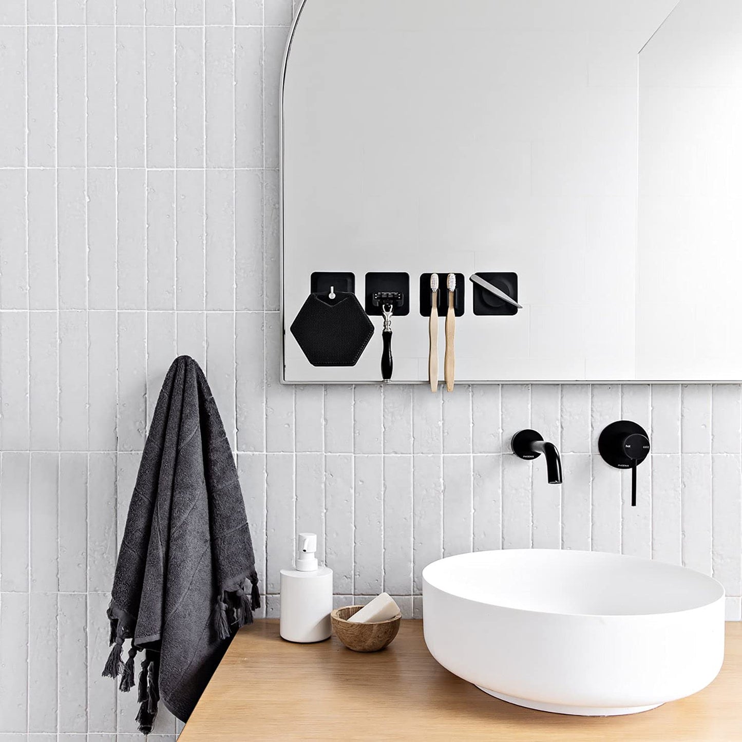 TOOLETRIES The 4-in-1 Tile Series - Secure Holders, Silicone Toiletry Organizer, Shower & Bathroom Accessory - Features Silicone-Grip Technology, Removable & Reusable - Charcoal