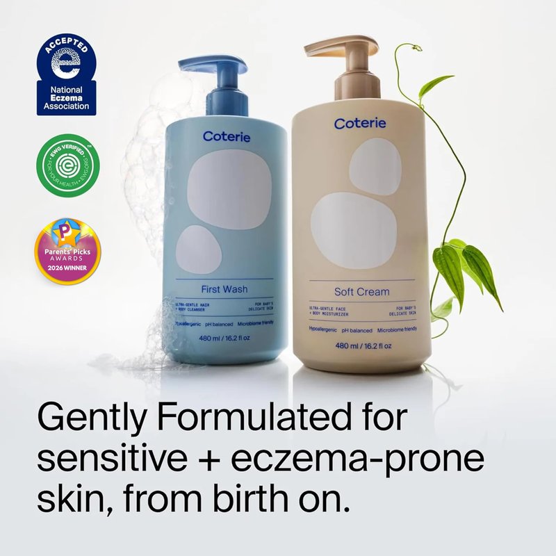 Coterie Baby Bath Skincare Essentials Set | 16.2 oz Shampoo + Body Wash, 16.2 oz Face + Body Lotion | Fragrance Free, Hypoallergenic, pH Balanced, Safe for Newborns & Sensitive Skin