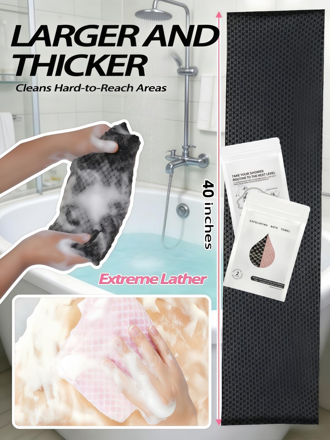 Exfoliating Shower Towel 40",Premium Scrub Wash Cloth for Body Face, Exfoliating Washcloth for Men and Woman(Black+Pink)