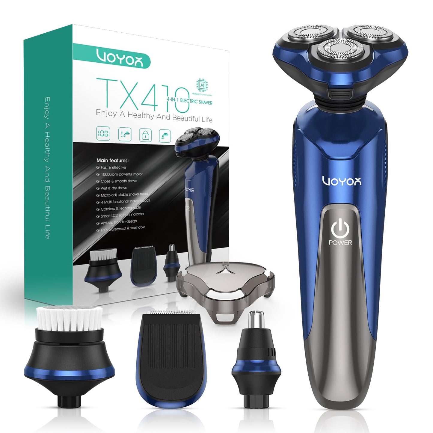 VOYOR Electric Razor for Men Cordless Shavers for Shaving with face sideburn Nose Ear Hair Rechargeable Wet Dry Waterproof TX410 New (New Version-Blue)