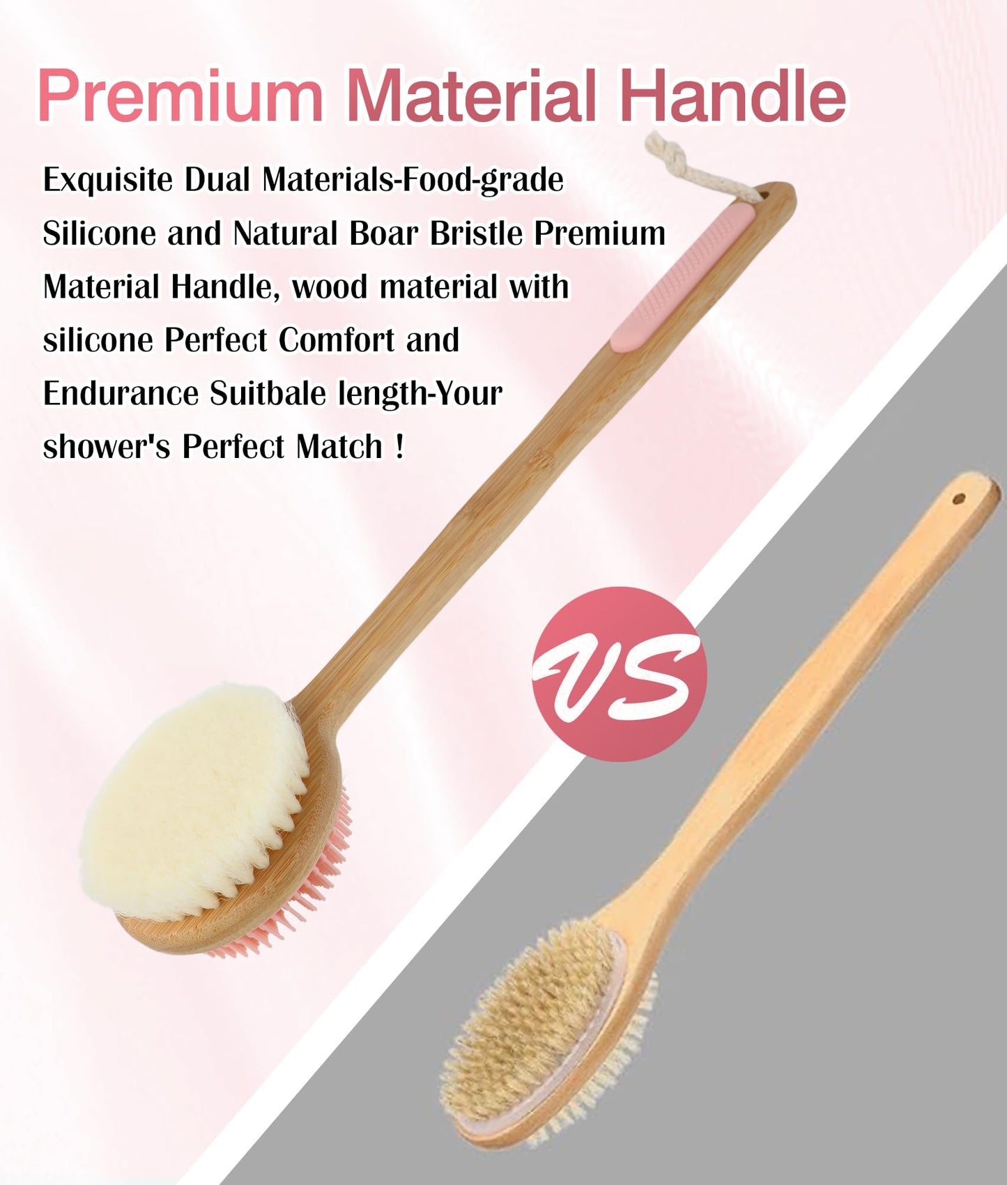 EaTubano Back Scrubber for Shower - Double-Sided Silicone and Super-Dense Bristles for Deep Cleaning & Exfoliation, Bamboo Long Handle with Wider Anti-Slip Grip, Rich Foam, Durable (Pink)