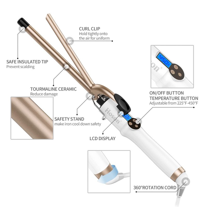 Hoson Curling Iron - Professional Ceramic Tourmaline Curl Wand for All Hair Types | Includes Glove, Gold
