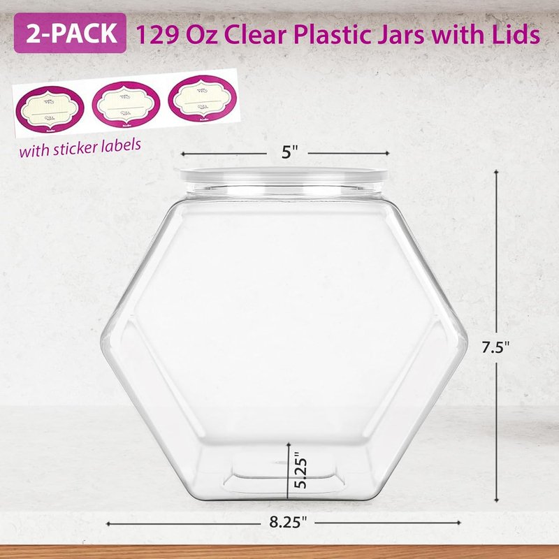 DilaBee 1 Gallon Hexagon Cookie Jars - 2-Pack Clear Plastic Candy Containers with Lids | BPA-Free for Kitchen & Office