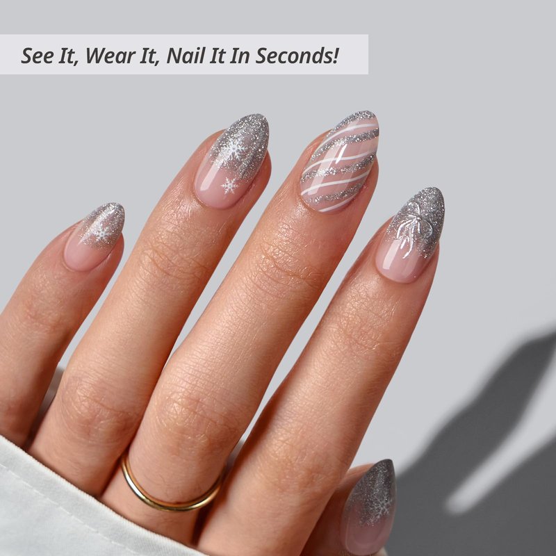 BTArtbox French Tip Press On Nails - Sparkle Bow, Lamp-Curable Short Almond Press On Nails with Glue and Adhesive Tabs for Women in 16 Sizes - 32 Soft Gel Glue On Nails Kit