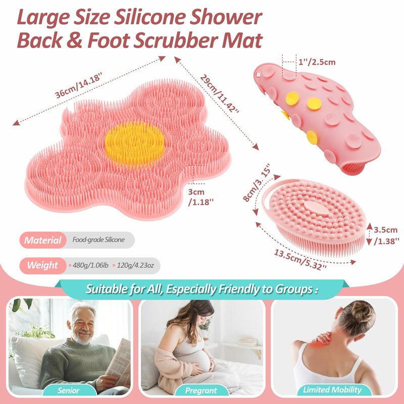 GEENOA Upgrade Silicone Shower Foot Scrubber Mat & Silicone Bath Brush Set, Large Wall-Mounted Back Scrubber Back Washer to Clean, Exfoliate and Massage Without Bending(Pink+Soft Brush)