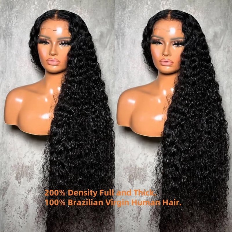 Caijuxing 34 Inch Water Wave Lace Front Wigs Human Hair 200 Density 13x6 HD Lace Front Wigs for Women Pre Plucked Wet and Wavy Human Hair Wig Glueless Deep Curly Frontal Wigs Human Hair Natural Black