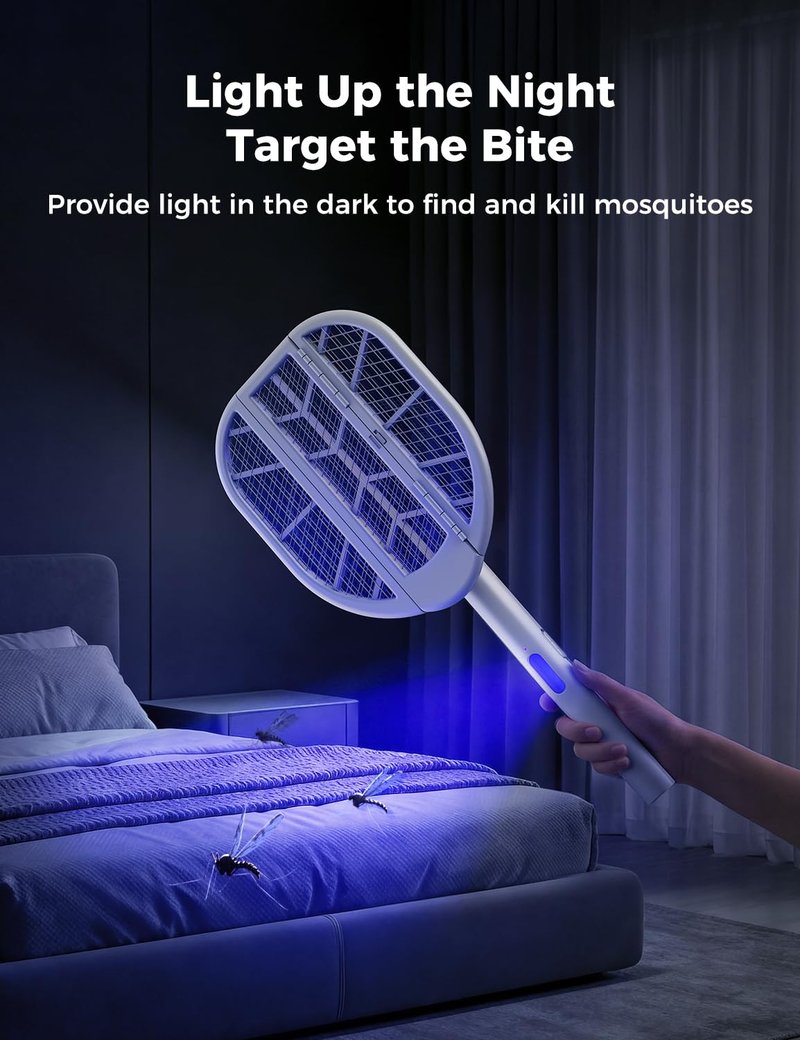 Sheevar 4000V Foldable Electric Fly Swatter 1500mAh Rechargeable Bug Zapper Racket Mosquito Trap & Zapper with Dual Modes & Blue Light for Office Backyard Patio Camping Indoor Home