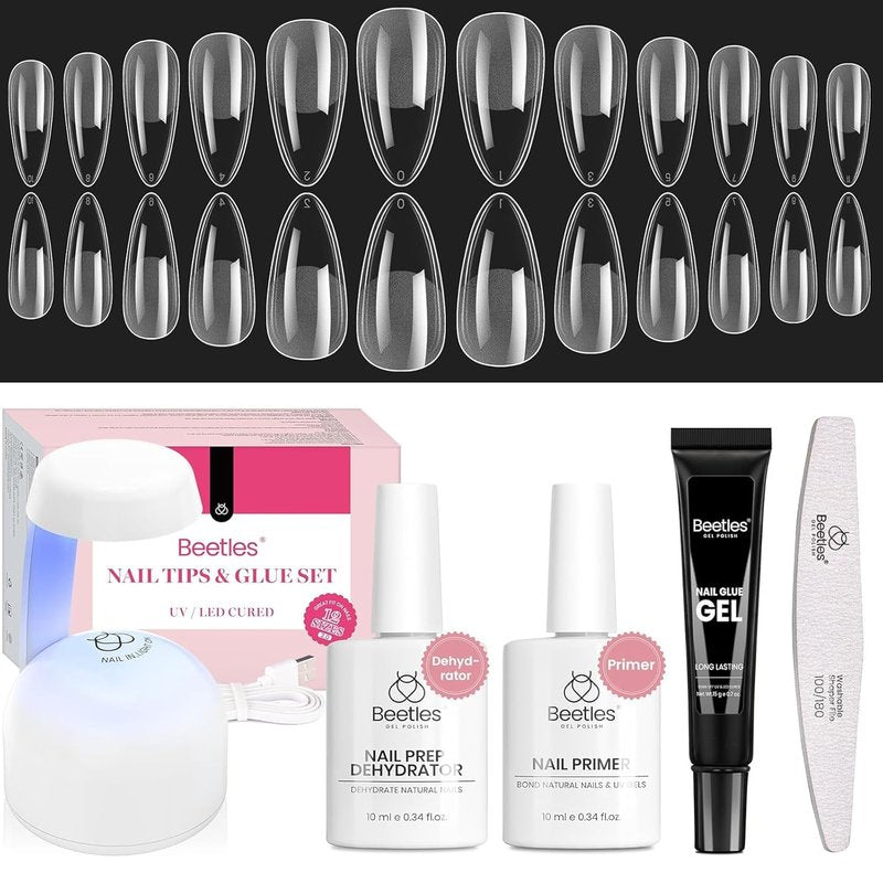 Beetles Gel Nail Kit - Medium Almond Tips with Dehydrator & Primer | 576 Pcs Easy DIY Nail Extension Set