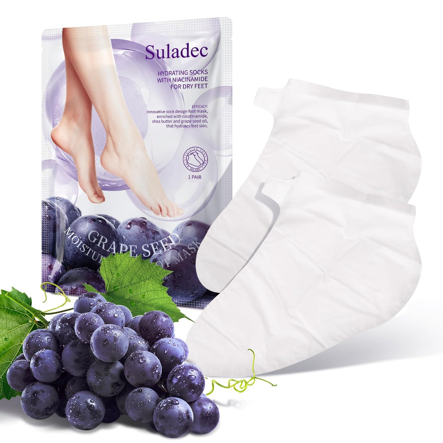 SULADEC Moisturizing Foot Mask - Hydrating Grape Seed Oil & Shea Butter for Soft Feet | 7 Pairs