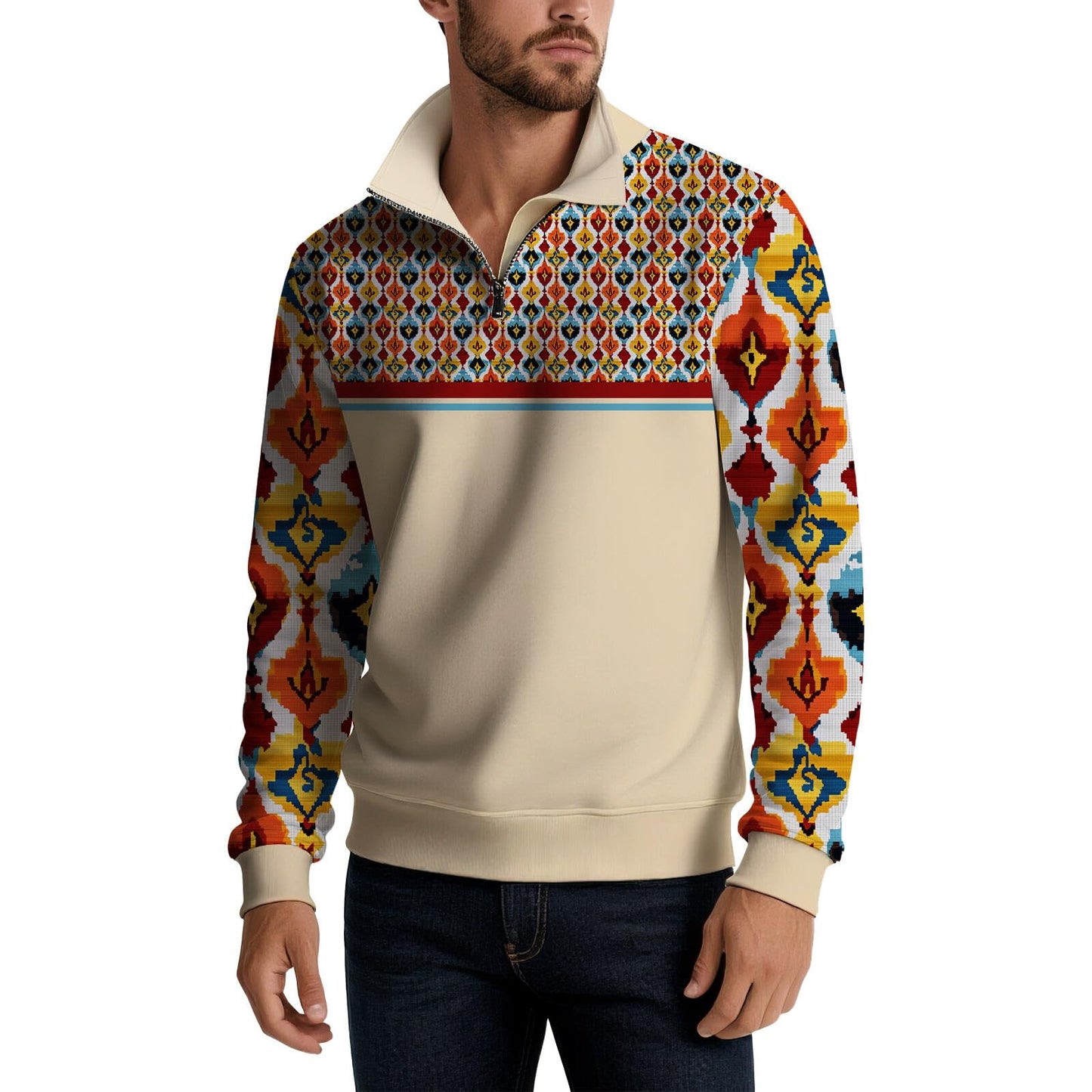 Zhyaj Men's Half Zip Stand Collar Sweatshirt Geometric Ethnic Inspired Print Pullover Casual Fall Winter Top Patchwork Color Block Long Sleeve Comfortable Polyester Sweater for Everyday Style