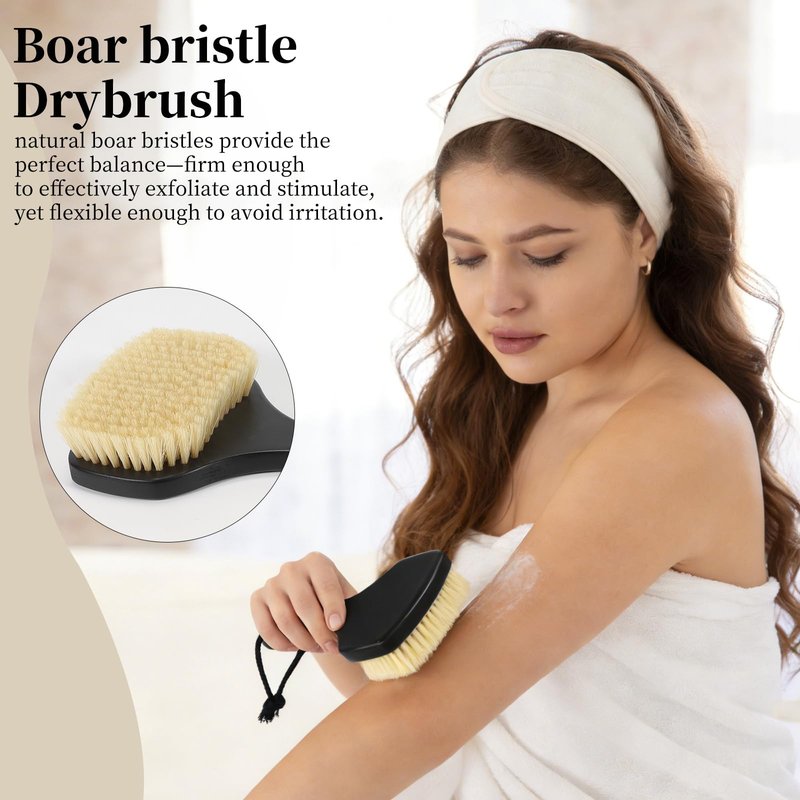 DEBETOOL Dry Brushing Body Brush for Exfoliating - Natural Boar Bristle Lymphatic Drainage Brush for Body Care, Removes Flaky Skin & Improves Blood Circulation