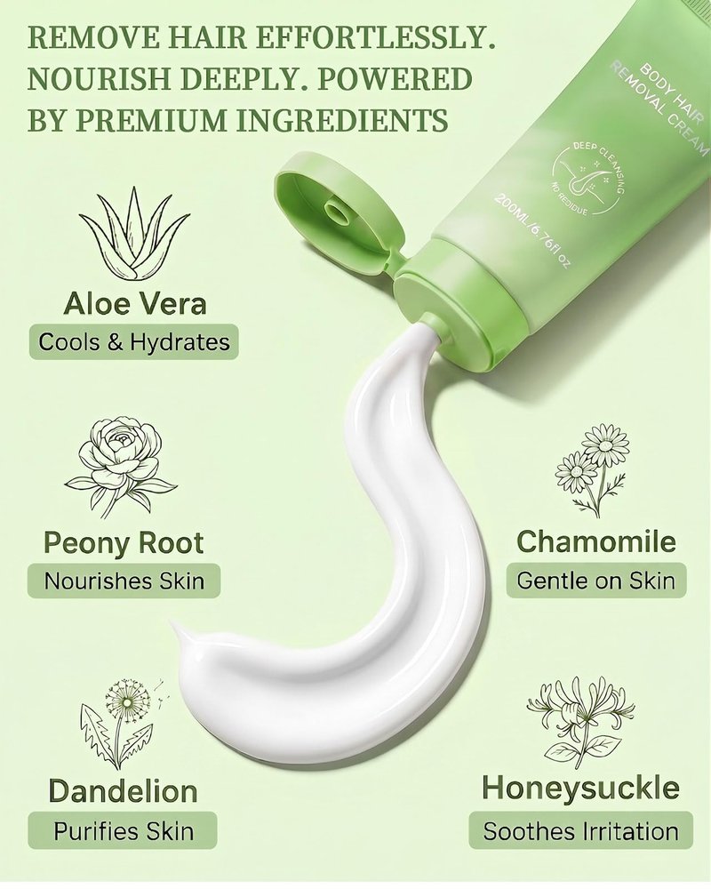 Hair Removal Cream for Women & Men, Gentle & Fast Body Hair Remover, Smooth Skin Finish, Suitable for Legs, Arms, Underarms & Bikini Area, Soothing Formula for Sensitive Skin