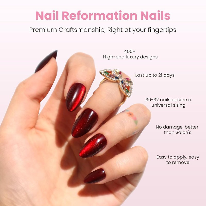 Burgundy Red Press On Nails - Short Almond Cat Eye Velvet Finish | 32 Pcs, Reusable Stick-On Nail Kit for Women
