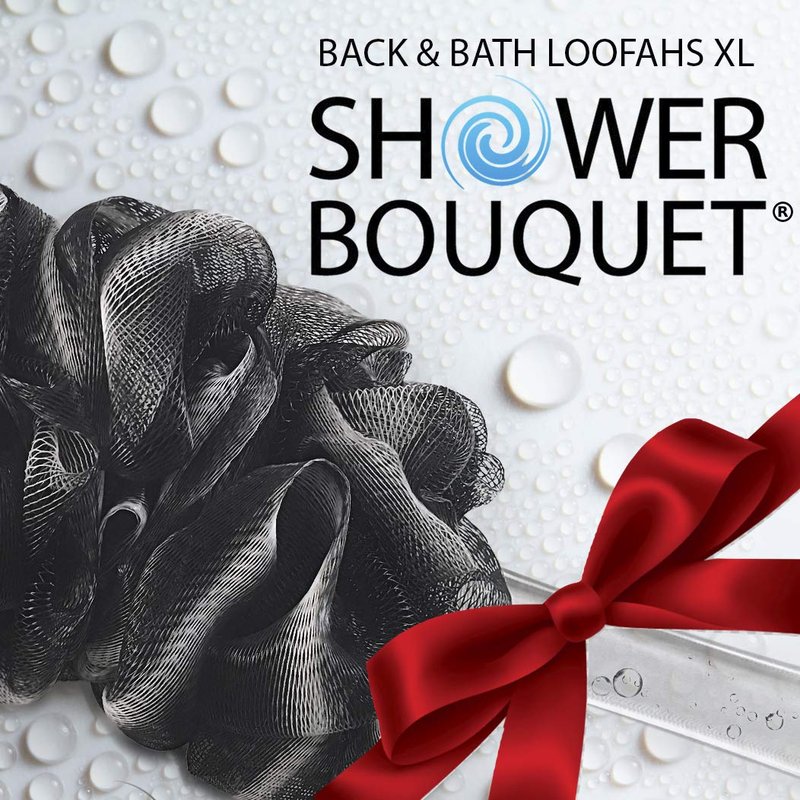 Loofah Charcoal Back Scrubber & Bath Sponge Set - 1 Long Handle Brush + 2 Extra Large 75g Soft Mesh Puffs | Unisex Exfoliating Tool