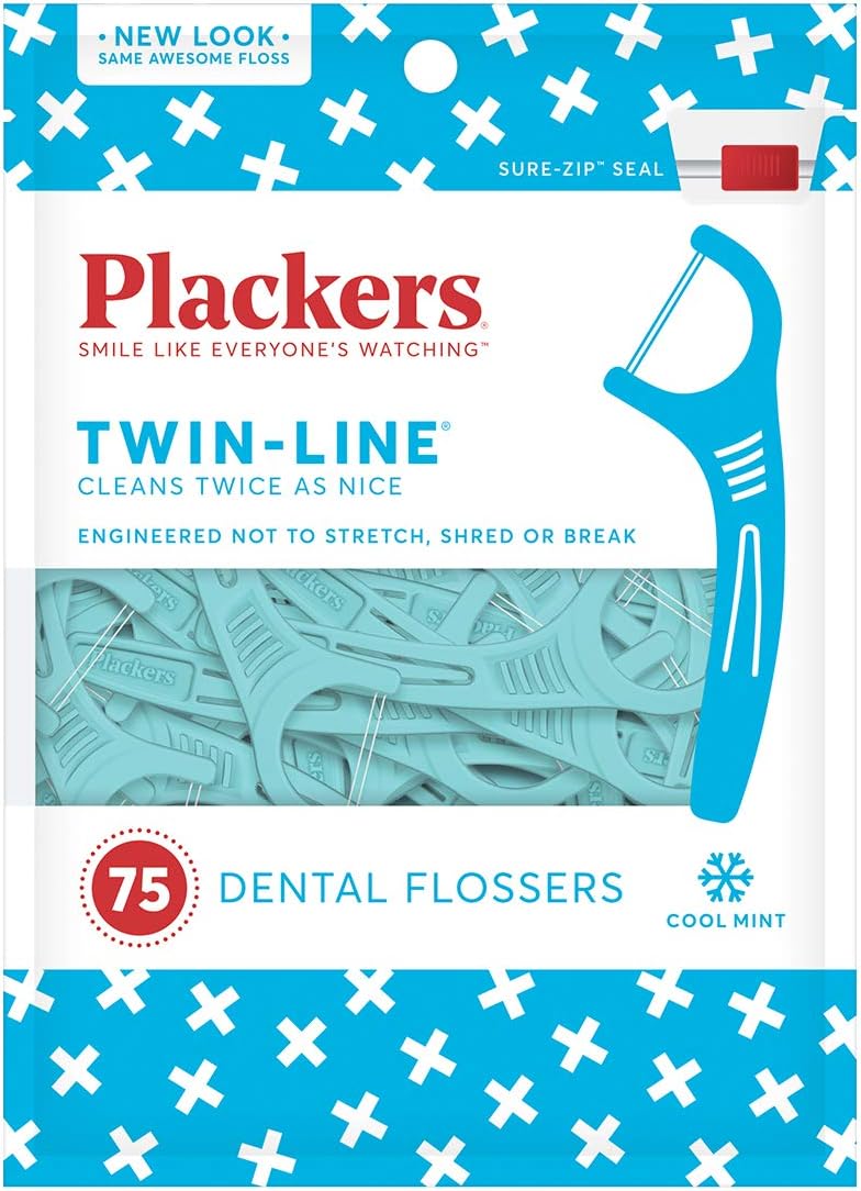 Whitening Floss Picks - Plackers Twin Line Design - 75 Count | 3 Pack