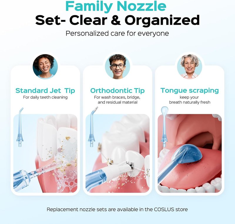 COSLUS C51 Portable Water Flosser for Teeth: 3 Modes & 6 Pressure Settings with Jet Mode Water Dental Pick for Orthodontic, Braces, Sensitive Gums, Compact for Travel, for Multiple Users, ADA Accepted