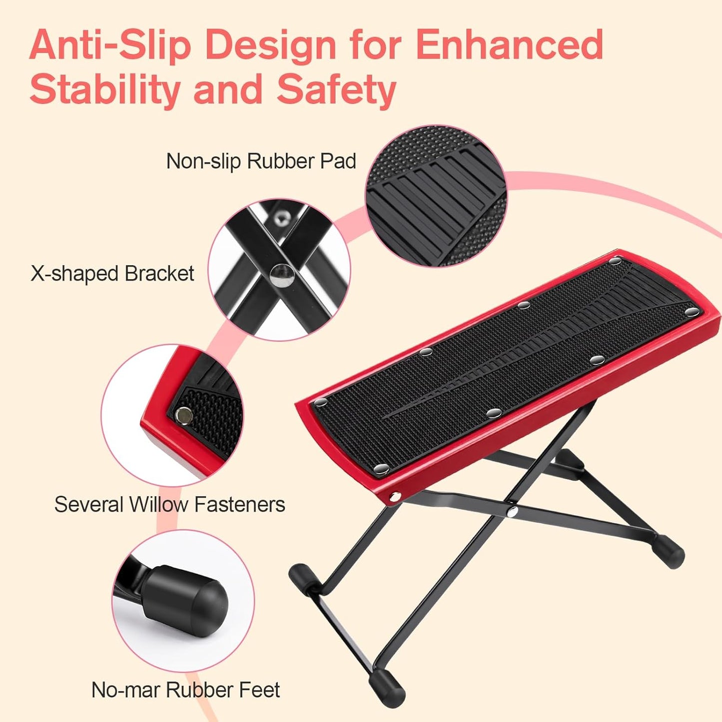 Subay Pedicure Foot Rest - 6-Height Adjustable Non-Slip Stand for Easy Home Pedicures | Red