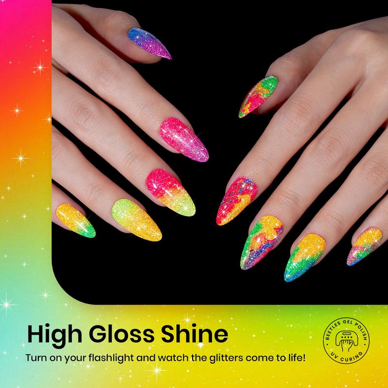 beetles Glitter Gel Nail Polish Set - Neon Carnival Reflective Summer Gel Polish, 6 Colors Pink Green Purple Blue Bright Sparkly Gel Nails Soak Off Uv Led Salon Gift for Women
