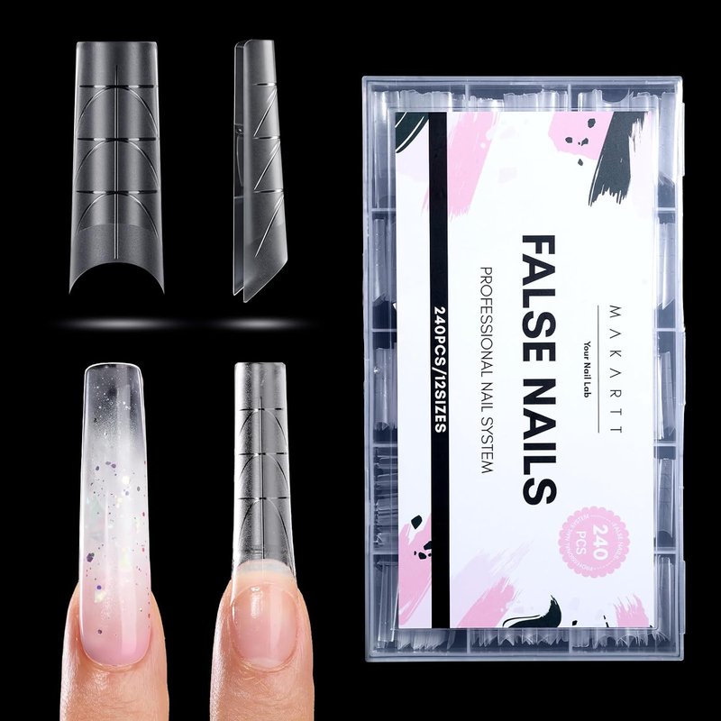 Makartt XL Tapered Square Nail Tips - Matte Clear Half Cover Fake Nails with Alignment Guides | 240pcs in 12 Sizes