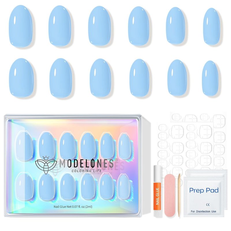 Modelones Blue Oval Press-On Nails Kit - 32 Pcs with Glue, Adhesive Tabs & Nail File | Perfect Spring Gift for Women
