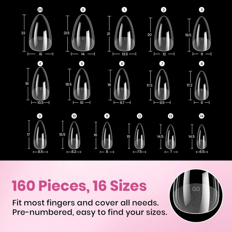 Beetles Gel Nail Tips Flat-X - Almond Short, 160pcs 16 Sizes, Pre-Etched Half Matte Full Cover Soft Acrylic False Nail Tips Clear Press on Easy DIY Extension Salon for Flat & Natural Nail Beds