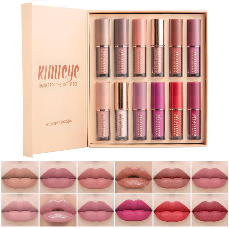 KIMIEYE 12Pcs Velvet Matte Liquid Lipstick Set, Waterproof Long Lasting Quick-drying Non-Stick Cup Nude Lip Stain Kit, Up to 24H Wear, Professional Lip Makeup Gift Kit for Women (SET A)