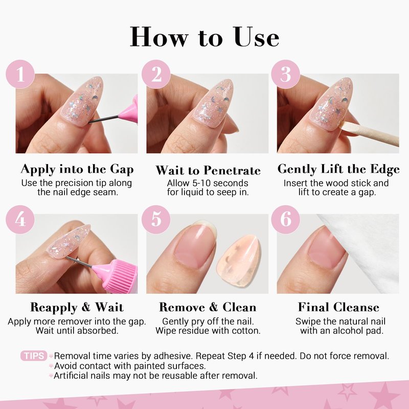 GLAMERMAID 50 ml Pinpoint Nail Glue Remover for Press on Nails Non-Acetone with 3 Orangewood Sticks, Multifunctional Gentle Glue Remover for Nails Tips Acrylic Nails Fake Nails