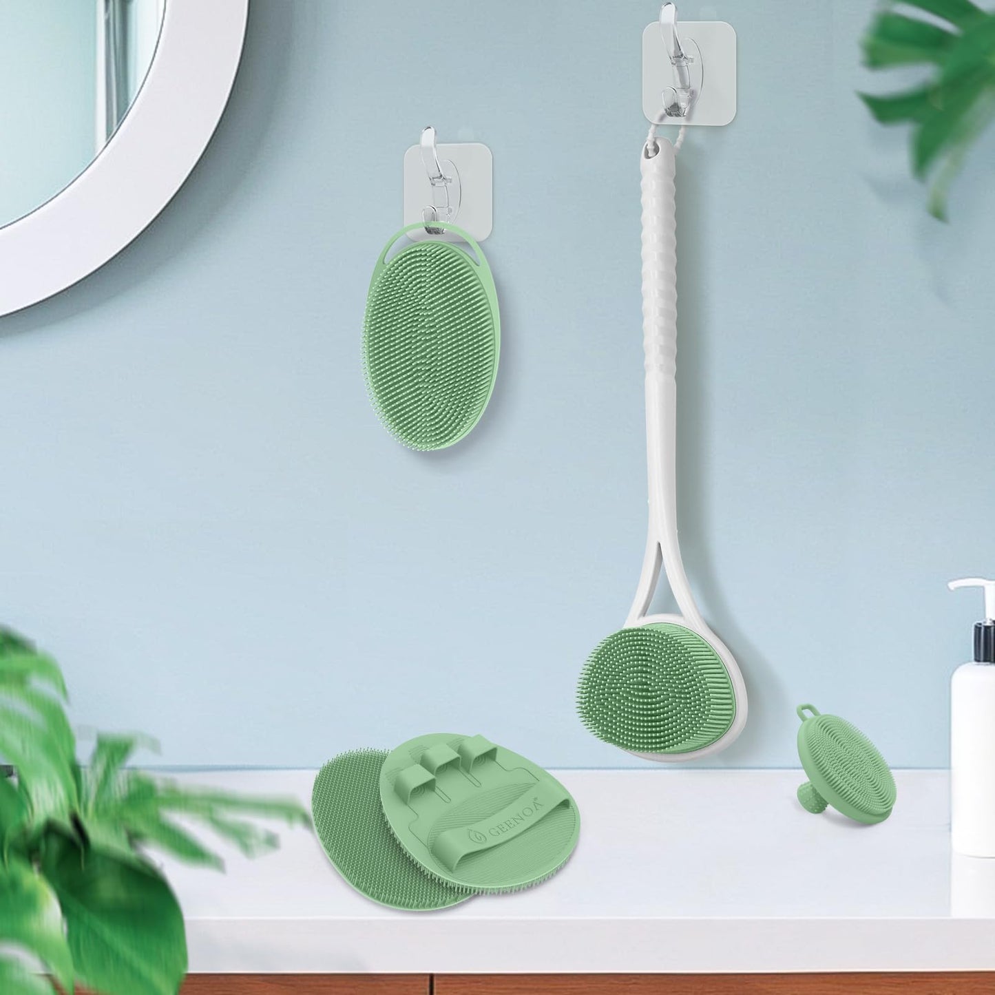 GEENOA Silicone Back Body Face Scrubbers Set 4PCS, 15.35’’ Back Scrubber Soft Body Scrubber for Dual-Side Usage, Easy-to-Hold Soft Bath Glove & Face Scrubber for Good Foaming Deep Cleaning(Green)