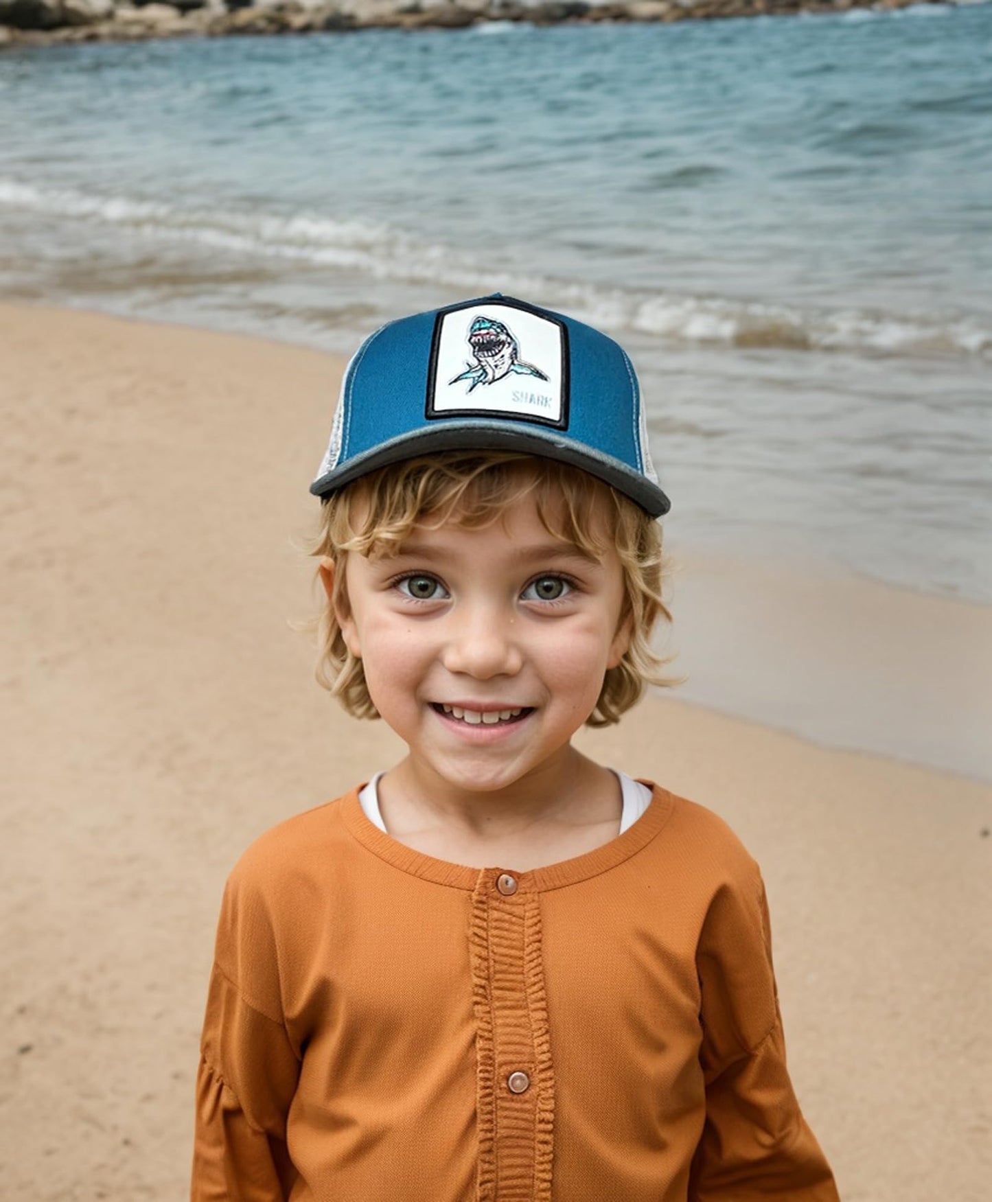 Wodeal Boys Shark Trucker Hat, Toddler Snapback Mesh Baseball Caps for Kids Ages 2-8 Blue