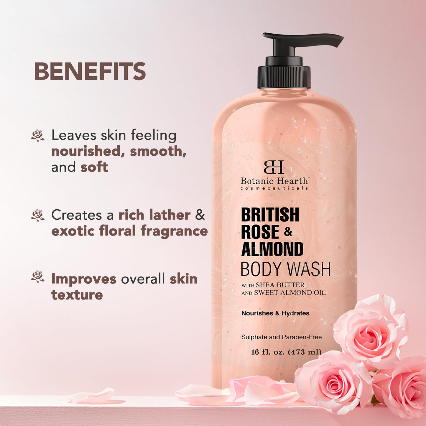 Botanic Hearth British Rose & Almond Body Wash – Moisturizing Shower Gel with Shea Butter, Gentle Hydrating Cleanser, Sulfate & Paraben Free – 16 fl oz