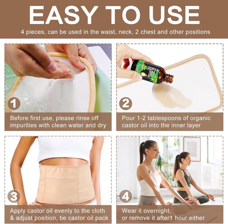 Skiennix Castor Oil Pack Wraps - Organic Cotton Reusable Pads for Detox & Relief | 4 Pcs Set