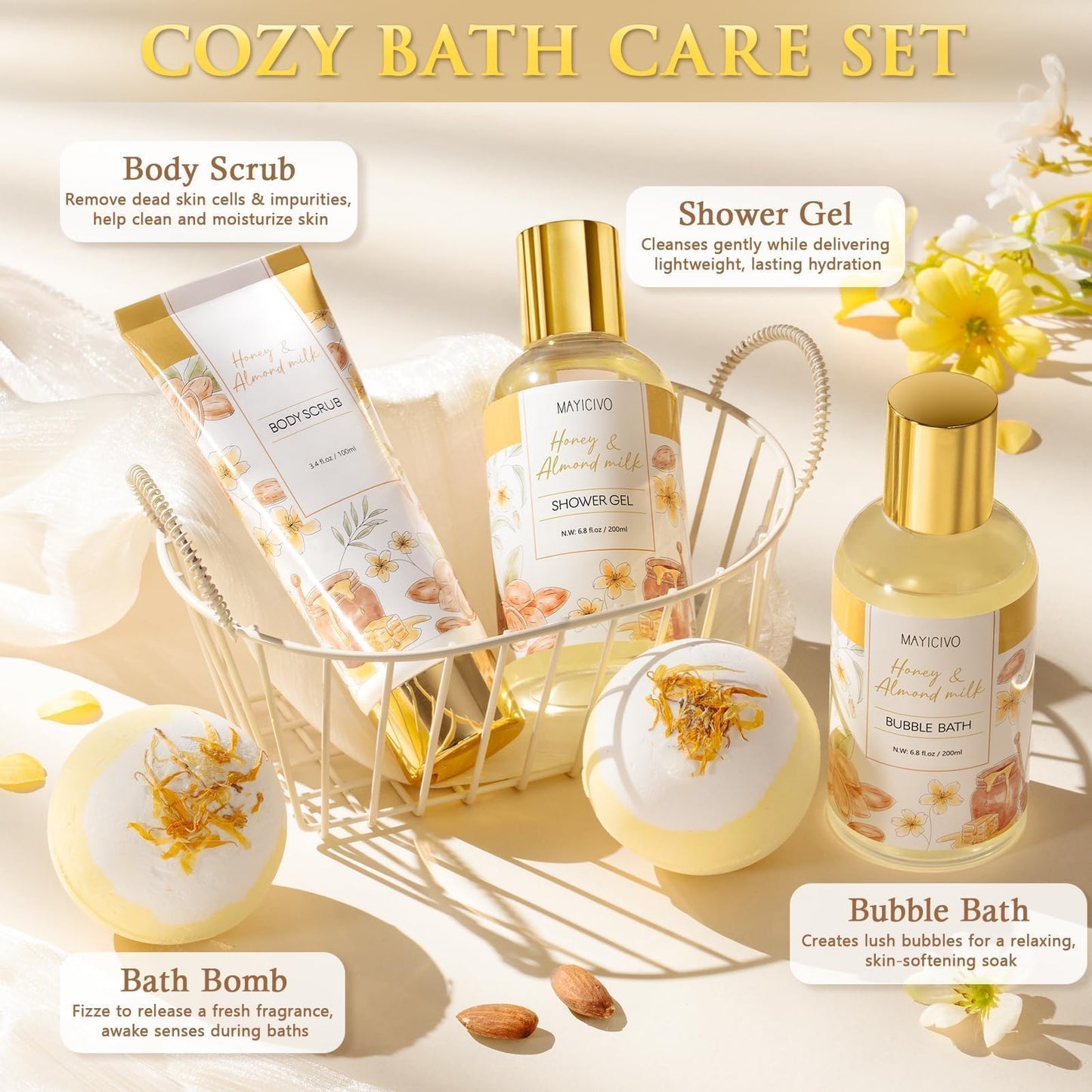 Mothers Day Birthday Gifts for Women, Honey & Almond Milk Relaxing Spa Gift Baskets for Women Self Care Package Bath Gift Set, Home Bath and Body Kit Pamper Gifts for Womens Her Mom Friends Sister