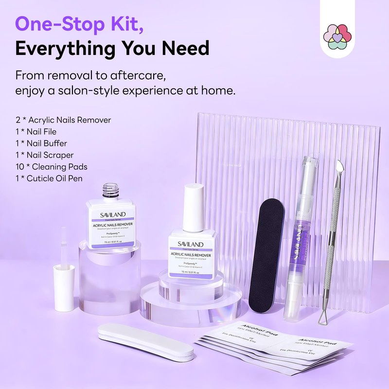 SAVILAND Acrylic Nail Remover Kit 2 Pcs: Powerful Rapid Dissolution Acrylic Remover with Cuticle Oil & Nail File Tools, No Soaking No Wrapping, Gentle Professional Set for Home Use
