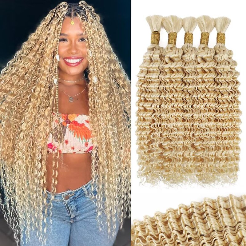 160g 5 Bundles 613 Blonde Human Braiding Hair Deep Water Wave Bulk 16 Inch Curly Human Hair for Boho Braids Hair Extensions No Weft 5 Braids Per Pack