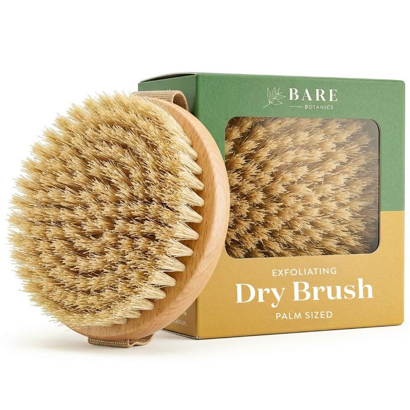 Bare Botanics Dry Body Brush for Lymphatic Drainage - Improve Circulation w/Gentle Exfoliation for Soft Skin - Ergonomically Designed w/Elastic Strap - Soft but Firm Natural Boar Bristles
