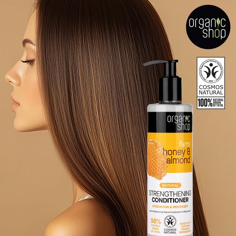 Organic Shop Honey & Almond Hair Strengthening Shampoo & Conditioner Hydrate Moisturizing Restorer, Softens & Deeply Hydrates Dry Damaged Hair, Paraben-Free, Sulfate-Free. 100% Vegan - Organic. Pack-2