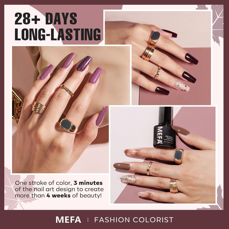 MEFA Gel Nail Polish Set, 12 Colors Fall Burgundy Red Nail Polish Set Champagne Gold Glitter Nail Polish Gel Soak Off Dark Red Purple Shimmer Nude Brown Manicure Gifts for Women Girl DIY Salon Home