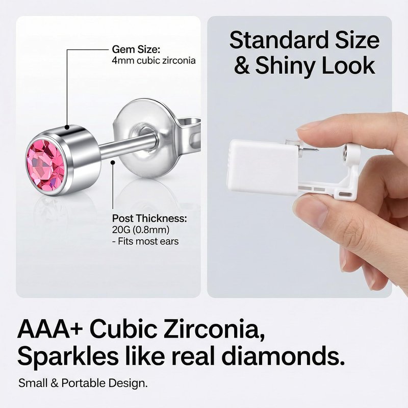 QSKISS G23 Titanium Ear Piercing Kit, ASTM F136 Implant Grade 4mm Pink Studs for Sensitive Ears, Professional Painless Home Piercer, hygienic Disposable with 8 Ear Covers & 10 Clear Studs