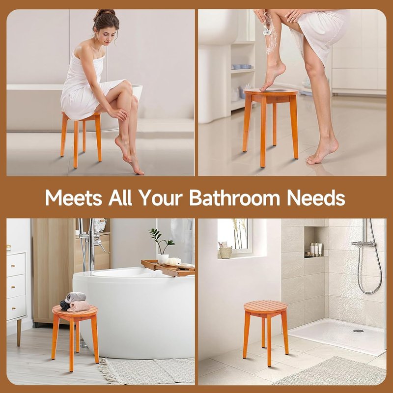 Skiennix 16-Inch Bamboo Shower Stool - Waterproof Bathroom Chair with Corner Design (Honey Bamboo, XL)