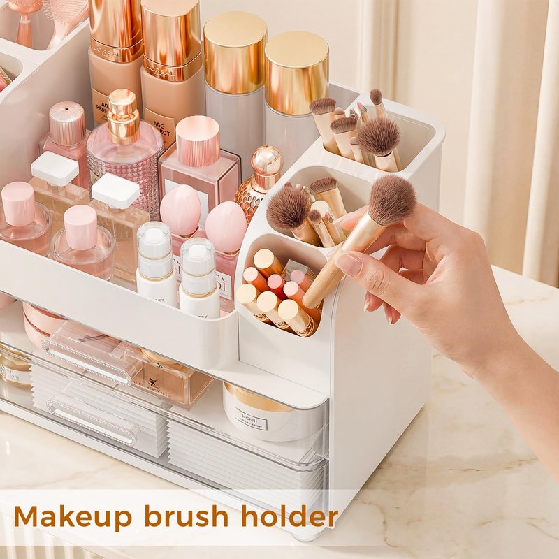 Makeup Organizer for Vanity with Drawers, Large Countertop Makeup Organizer - Skincare Storage, Brush Holder, Perfume & Cosmetics Display Case (White)