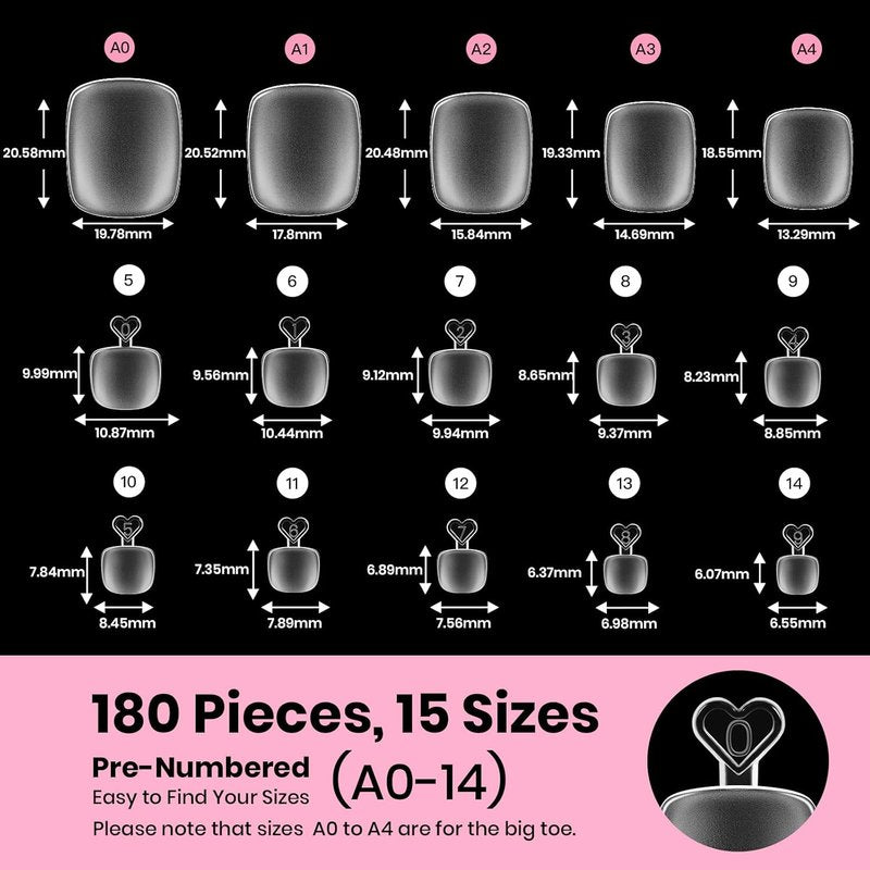 Beetles Toe Nail Tips - Square Full Cover Acrylic Extensions | 180 Pcs in 15 Sizes for Big Toes & Wide Nail Beds