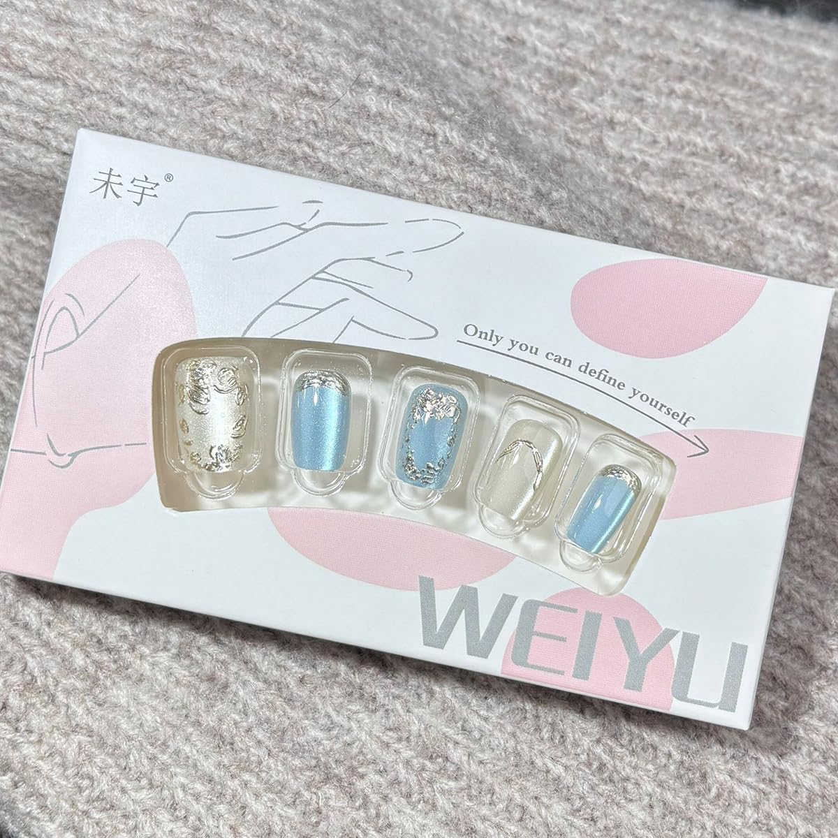 Square Press-On Nails - Short 3D Floral Glitter Design | Glossy Blue French Full Cover - 30 Pcs