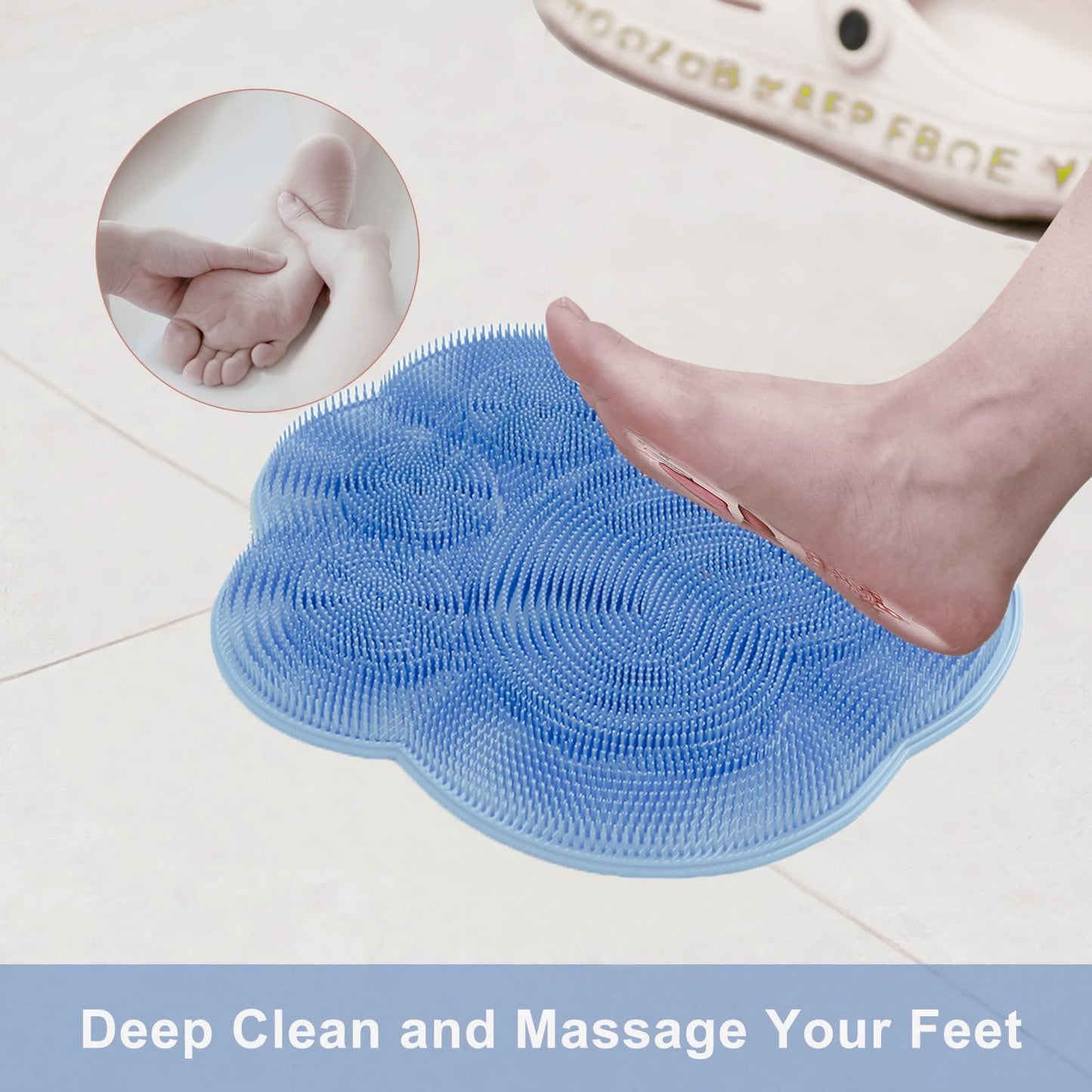 Foot Scrubber in Shower,Shower Foot Scrubber Mat,Silicone Foot Scrubber for Shower,Silicone Body Scrubber with Suction Cups,Bath Feet Scrub Mat with Storage Hook(Blue)