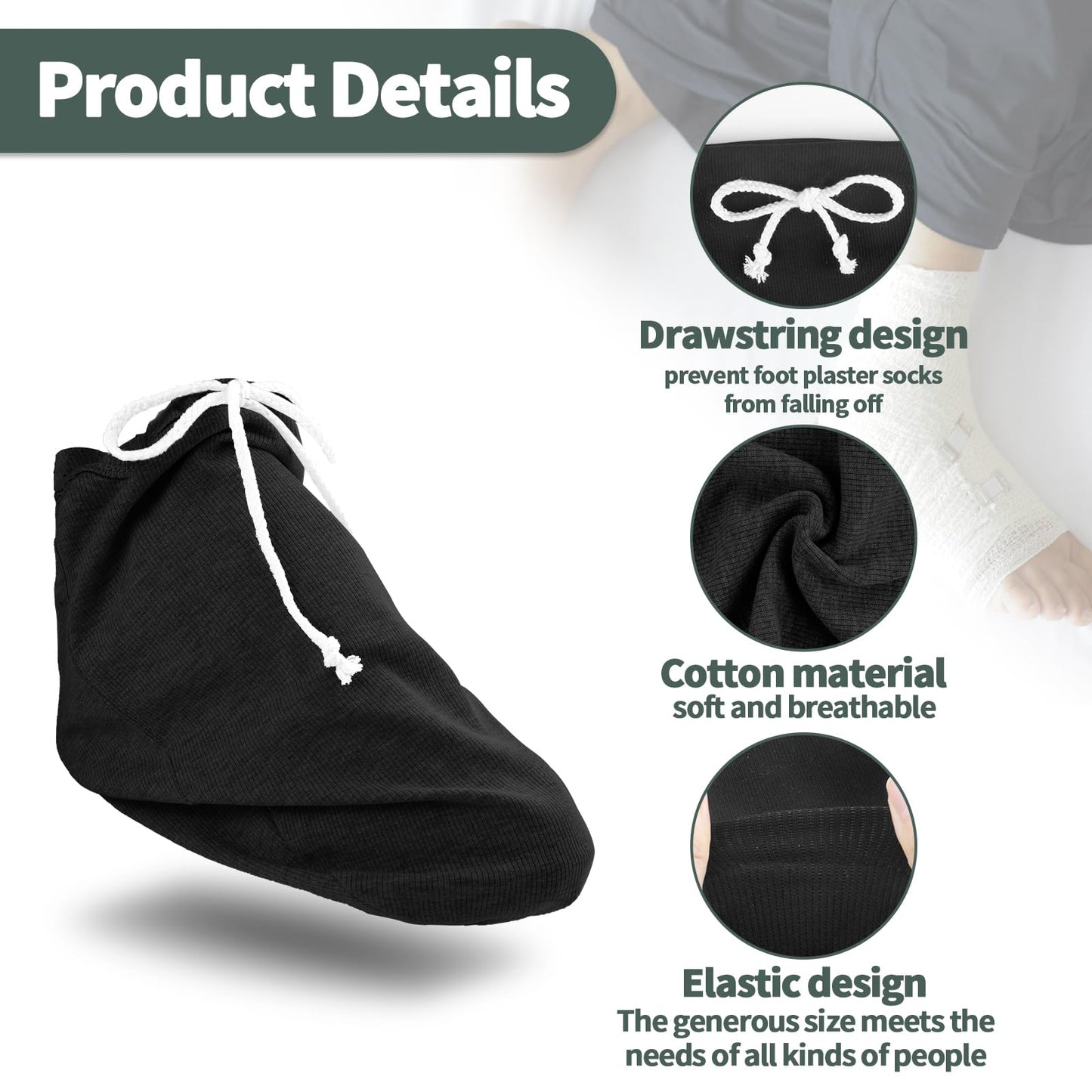 OXDFK 2 PCS Cast Sock Cover for Foot, Cast Cover for Foot, Leg Cast Cover, Adjustable Drawstring Foots Casts Cover for Men and Women (Black)