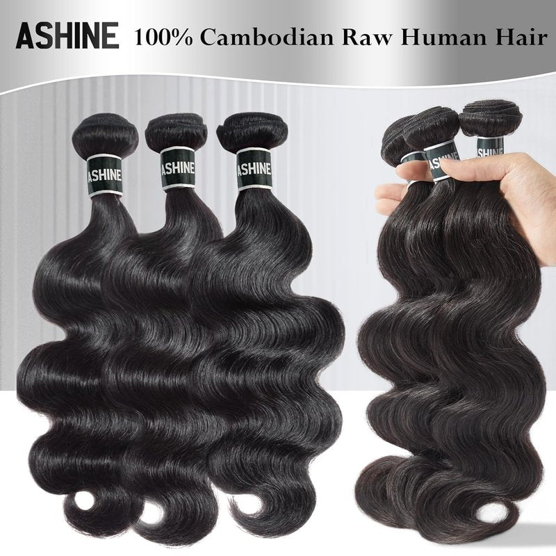ASHINE Human Hair Bundles Body Wave, Unprocessed Cambodian Raw Hair Bundles for Women Natural Black 20 22 24 Inch, Keep Soft and Silky After Multiple Washes