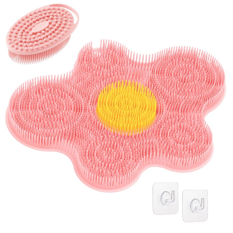 GEENOA Upgrade Silicone Shower Foot Scrubber Mat & Silicone Bath Brush Set, Large Wall-Mounted Back Scrubber Back Washer to Clean, Exfoliate and Massage Without Bending(Pink+Soft Brush)