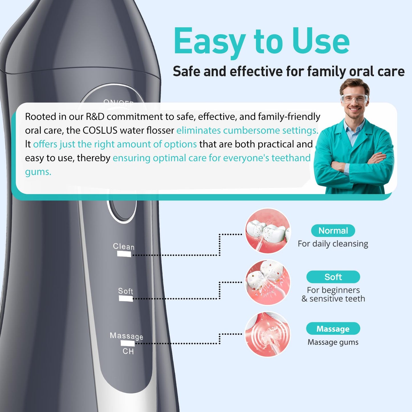 COSLUS Water Dental Flosser Teeth Pick C20: ADA Accepted, Portable Cordless Oral Irrigator 300ML Rechargeable Travel Irrigation Cleaner IPX7 Waterproof Electric Flossing Machine for Teeth, Grey