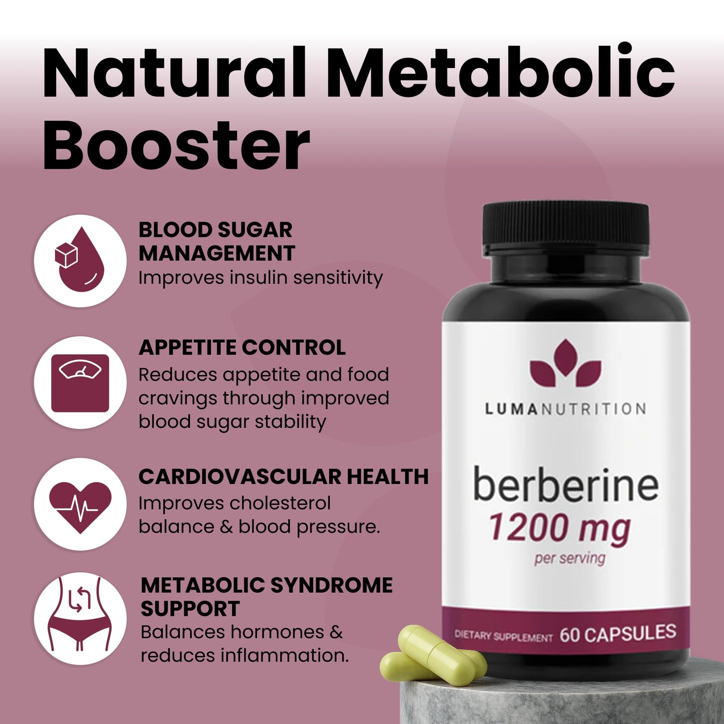 Luma Nutrition Berberine Supplement - Berberine HCL 1200mg Per Serving - 97% Berberine HCl - Vegan, Gluten Free - 60 Capsules