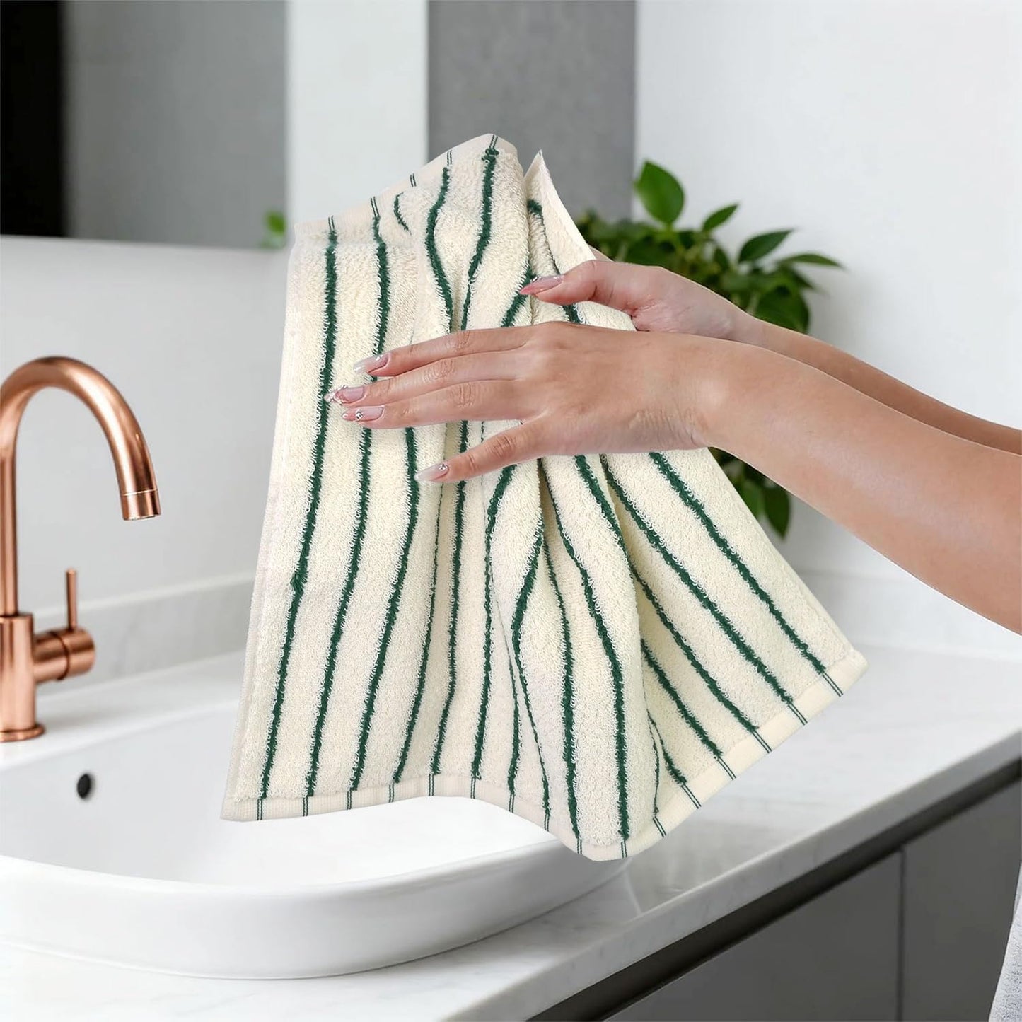 Jacquotha Striped Cotton Washcloths 12 Pack, 13” x 13” - Soft Wash Cloths for Bathroom, Kitchen, Gym, Face, Green and Cream